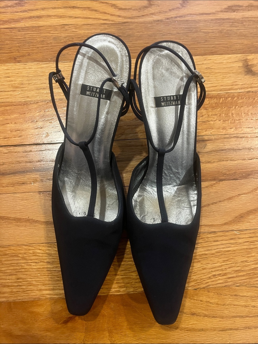 Stuart Weitzman Black T-Strap Pointed Slingback Pumps